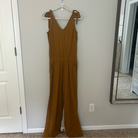 Pact Organic Wide Leg Jumpsuit Tie Shoulder Mustard Size Small - Picture 7 of 7